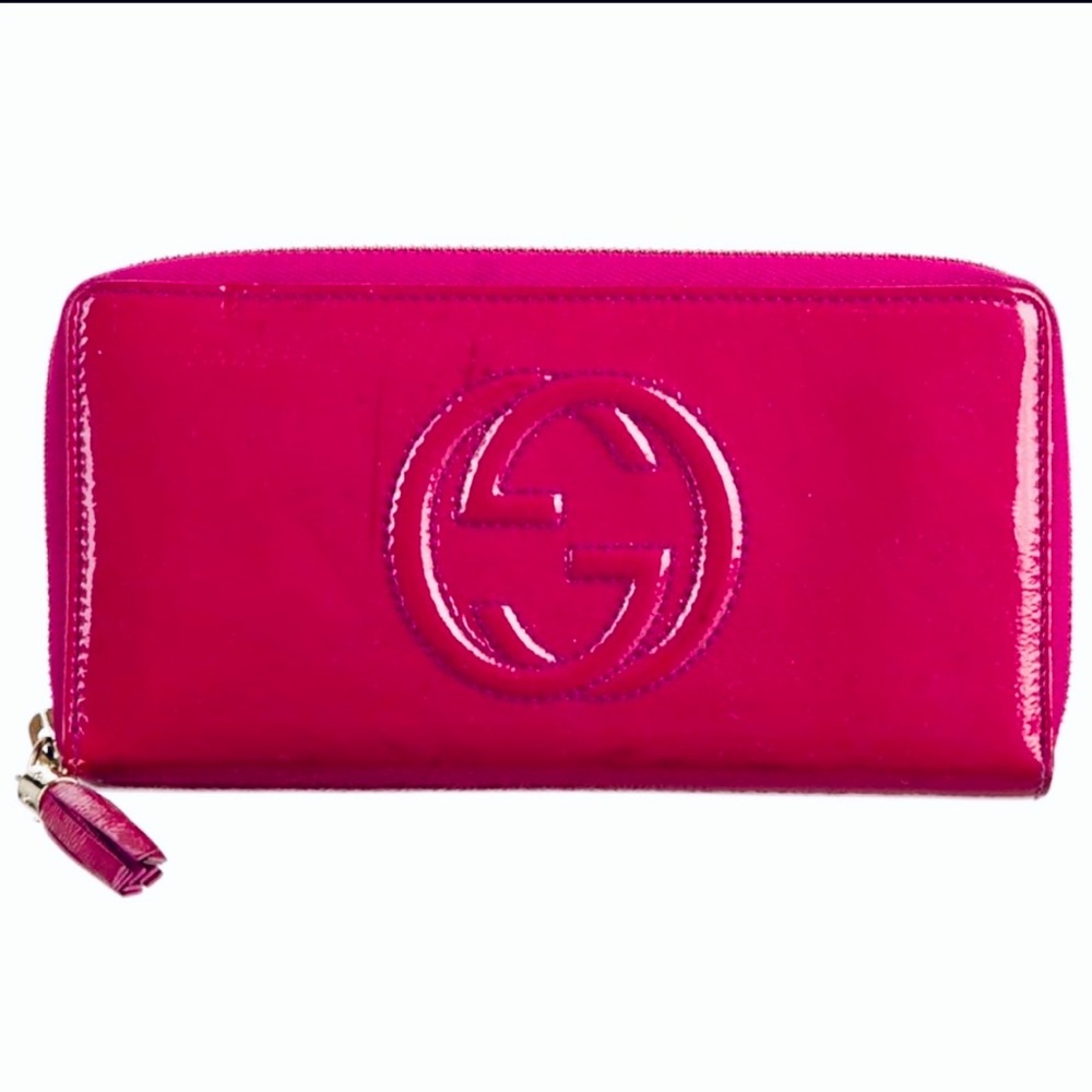PINK Gucci Patent Leather Wallet GG Continental Long Zip Around Billfold Gold